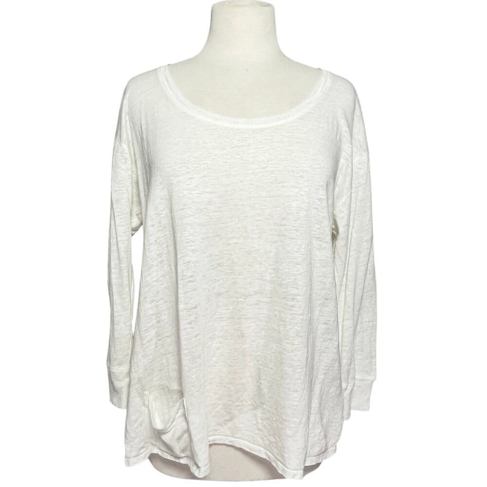 EILEEN FISHER White Linen Front Pocket 3/4 Sleeve Slub Knit Top Medium